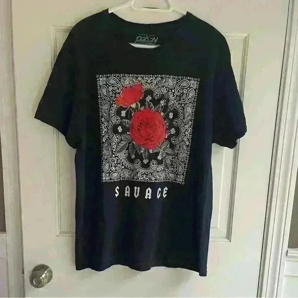 Popular Poison Men's XL Savage Black Vintage Rose Bandana T-Shirt